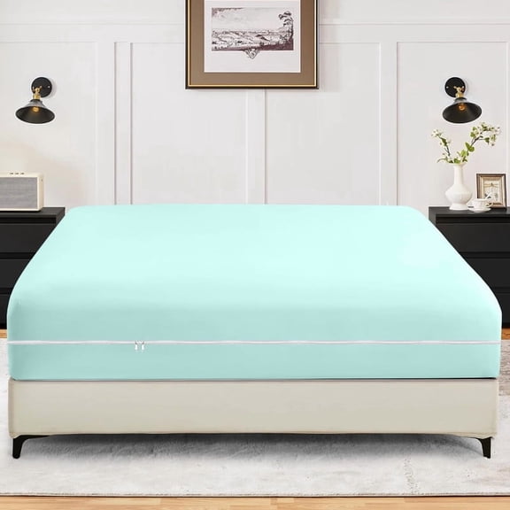 Twin Size Zipper Fitted Sheet Only – 100% Egyptian Cotton, 600 Thread Count, 12-Inch Extra Deep Pocket, Luxury Sateen Weave Bottom Sheet, Hotel Quality, ( 39" x 75" +12" , Aqua Blue Solid )