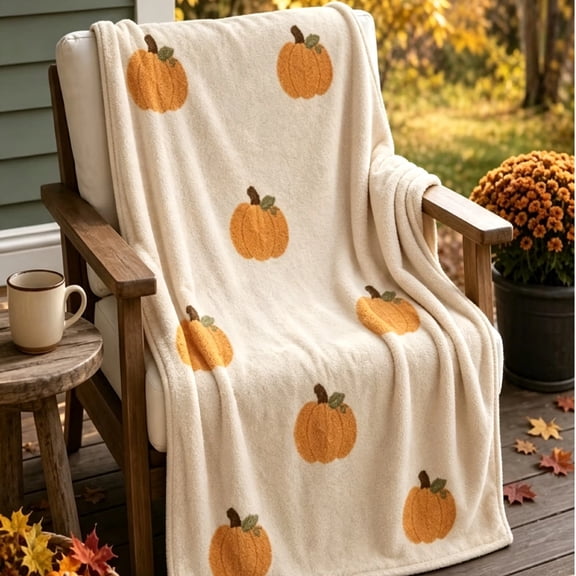 Fall Pumpkin Throw Blanket, Cream Soft Plush Decorative Blanket with Embroidered Orange Pumpkin, Warm Lightweight Harvest Thanksgiving Throw for Sofa & Bed & Couch, Autumn Farmhouse Home Decor 27"×39