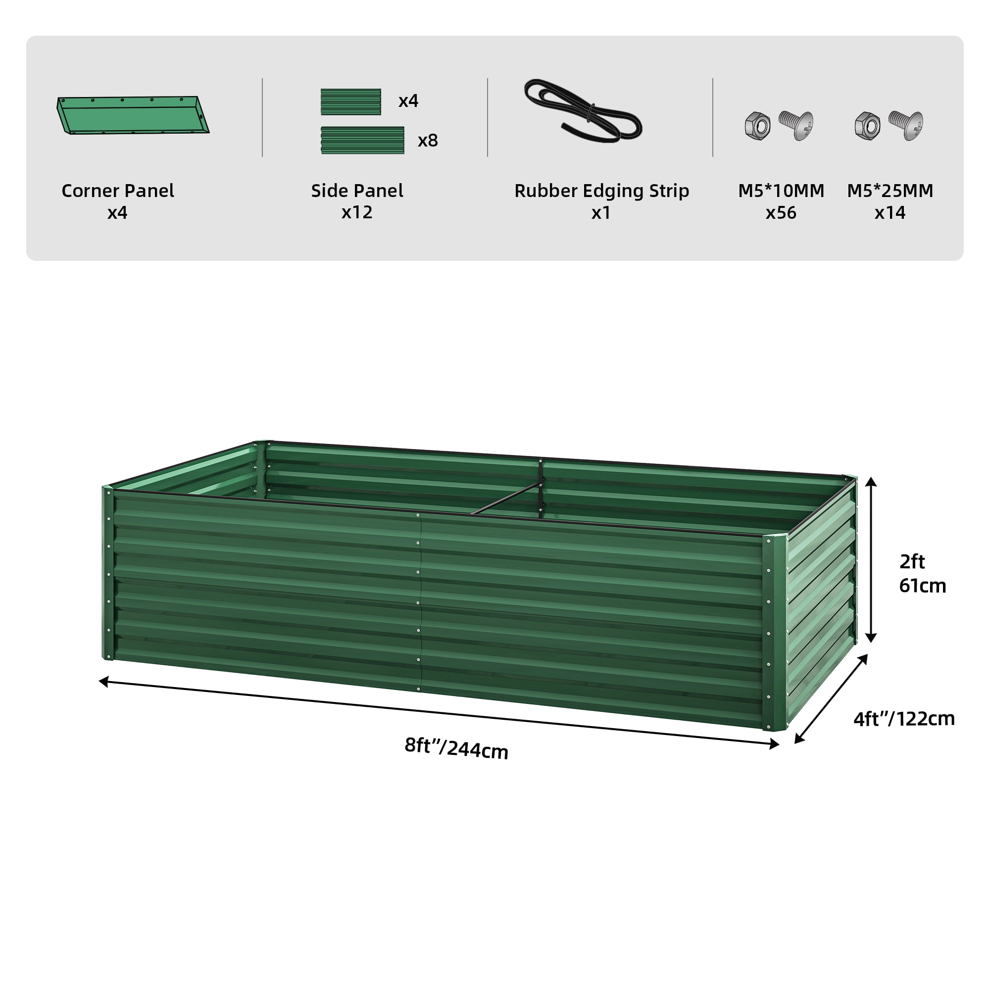 Dextrus 8x4x2Ft Large Raised Garden Bed Kit, Galvanized Metal Planters w/ Accessories & Gloves, 2Pcs, Green