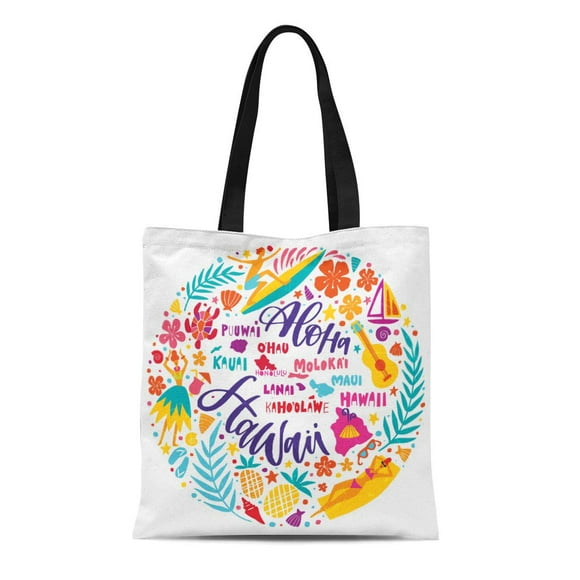 POGLIP Canvas Bag Resuable Tote Grocery Shopping Bags Hawaii Islands Map and Tourist Attractions Symbols Ukulele Hula Dancer Surfer Tote Bag