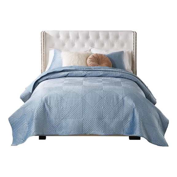 Benjara Ahab 2pc XL Twin Quilt and Pillow Sham Set- Spa Blue Dutch Velvet Face