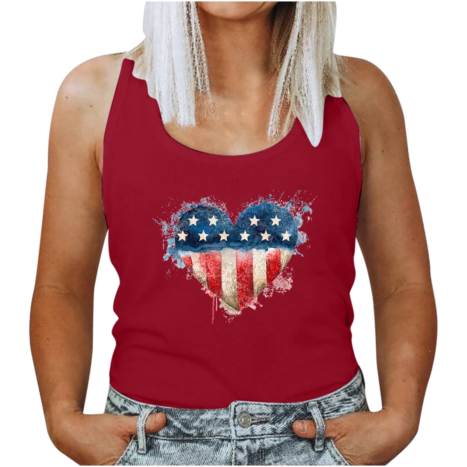 Tank Tops for Women Independence Day Crew Neck Sleeveless Graphic Tees Summer Ladies Slim Casual Tunic Blouse Vest 