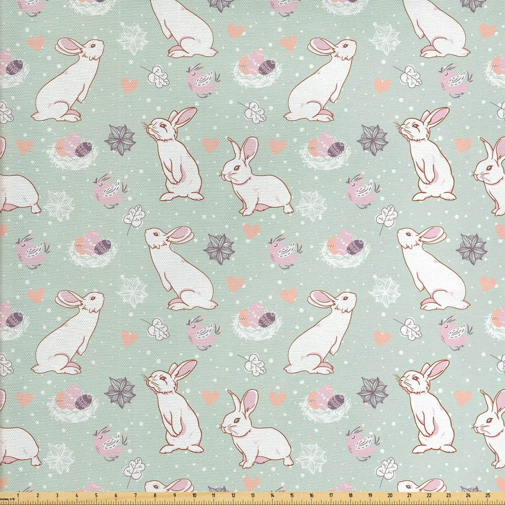 Easter Fabric by The Yard, White Rabbits Smelling the Fresh Spring Air Flowers Eggs and Hearts