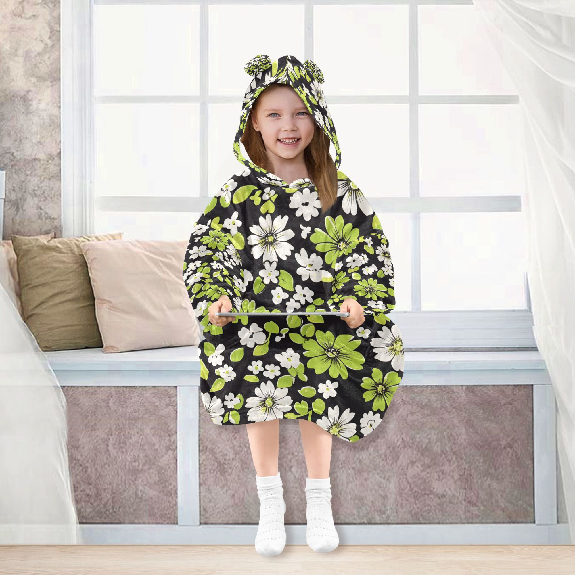 FORMRS Wearable Blanket Hoodie with Sleeves for Kids Cozy Flannel Sweatshirt, Green Flower Pattern