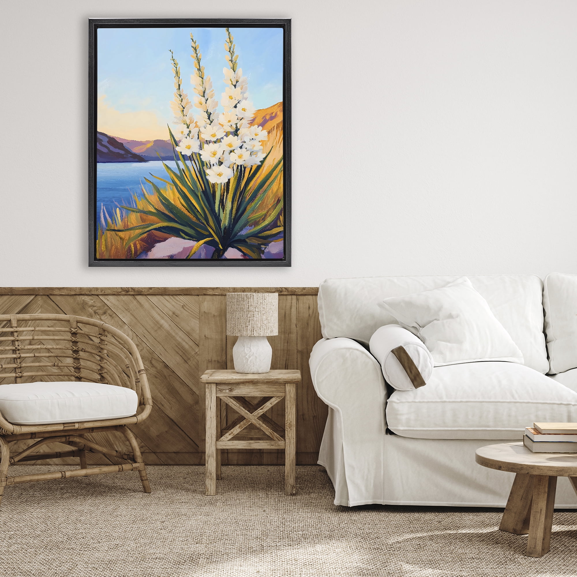 Stupell Industries Yucca in Bloom By The Lake Black Framed Floater Canvas Wall Art, design by The Prints Vibe