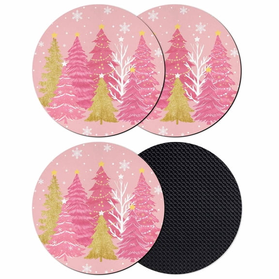 Pink Christmas Tree Coasters Set of 4, Absorbent Coasters for Drinks, Pink Golden Xmas Tree Snowflake Winter Coaster for Desk Coffee Table Protection, Home Decor House Warming Gifts 4"