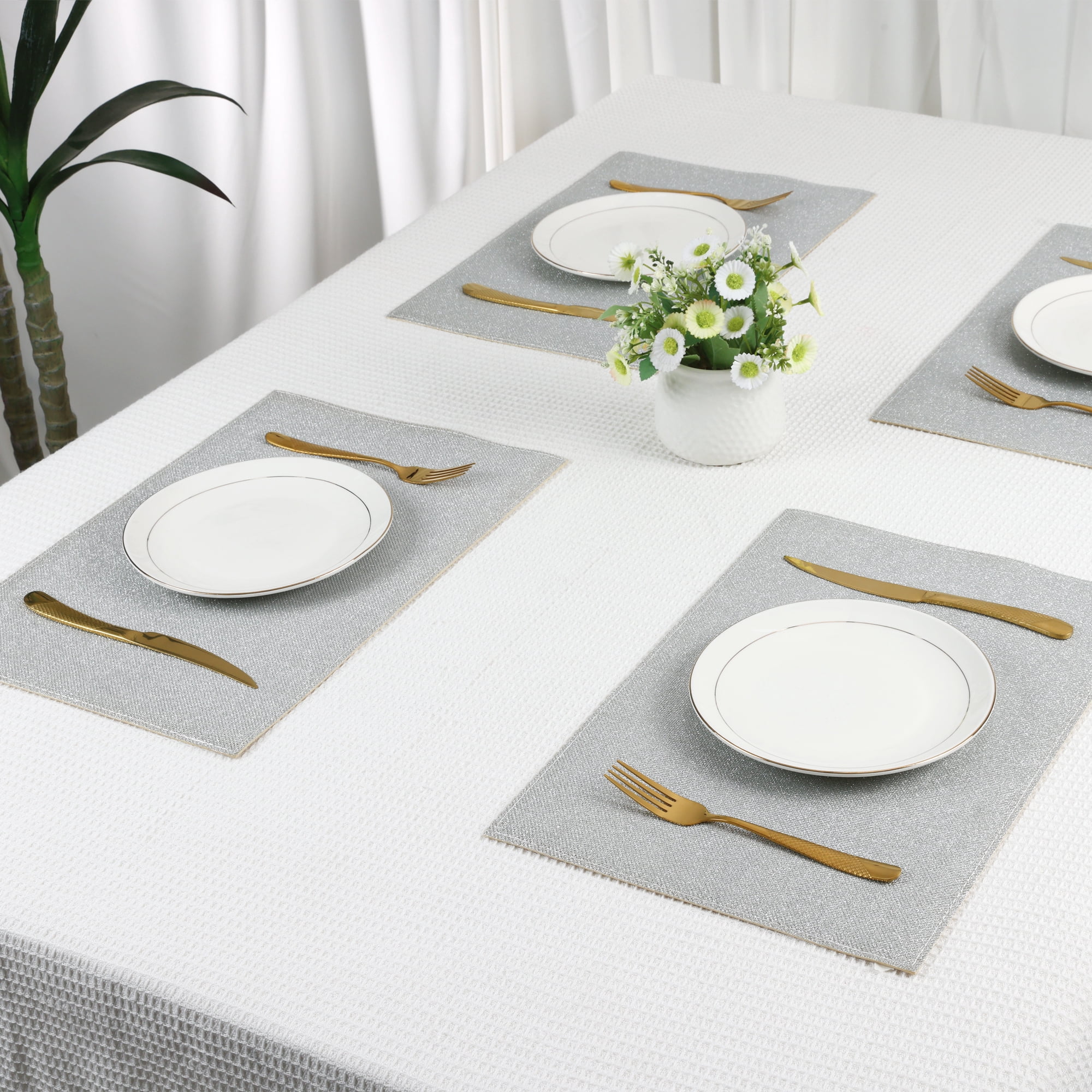 Unique Bargains Set of 6 Sparkle Placemats for Kitchen Dining Table Decor Silver