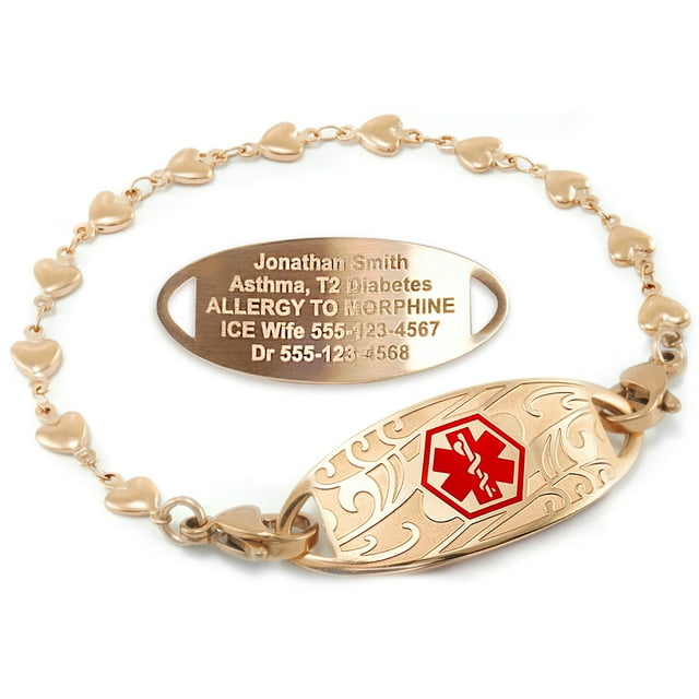 MedicEngraved Rose Gold Stainless Steel Custom Medical Alert Bracelet - 5mm Heart Link