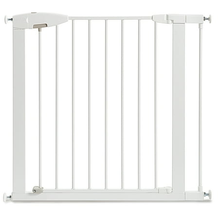 Munchkin Easy Close Pressure Mounted Baby Gate for Stairs, Hallways and Doors, Walk Through with Door, 29" Tall and 29.5" - 35" Wide, Includes (1) 2.75" Extension, Metal, White