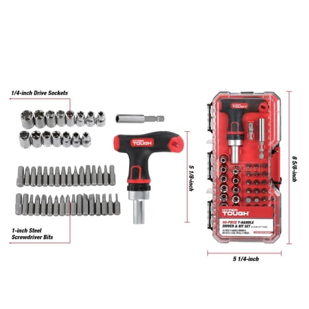 HYPER TOUGH 50-PIECE T-HANDLE DRIVER WITH BITS AND SOCKETS IN CLICK FIT CASE