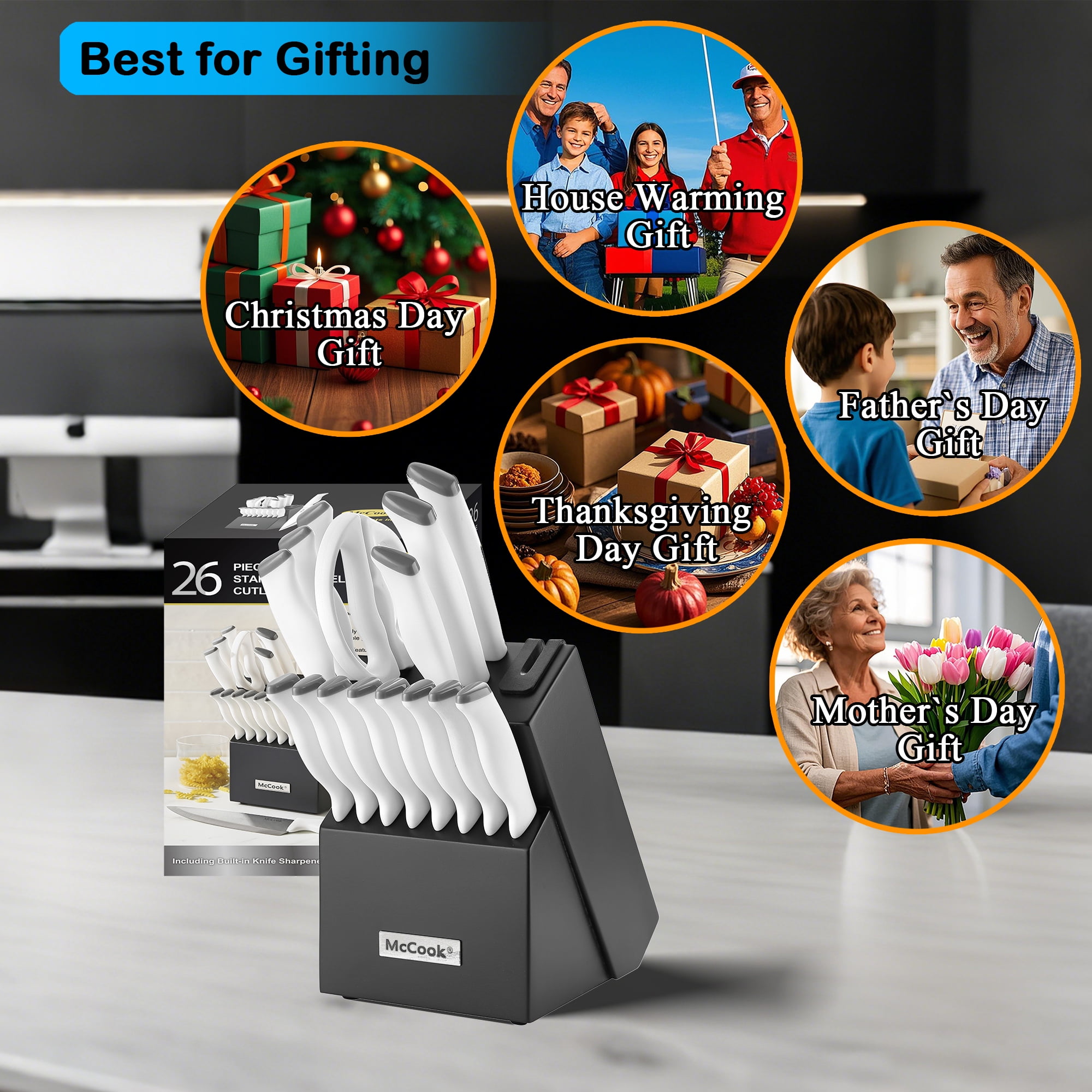 McCook Knife Set with Block, 26PCS Ultra- Sharp Cutlery Knife Set with Steel Blades for Precise Cutting,8 Steak Knives with Built-in Knife Sharpener,Measuring Cups and Spoons