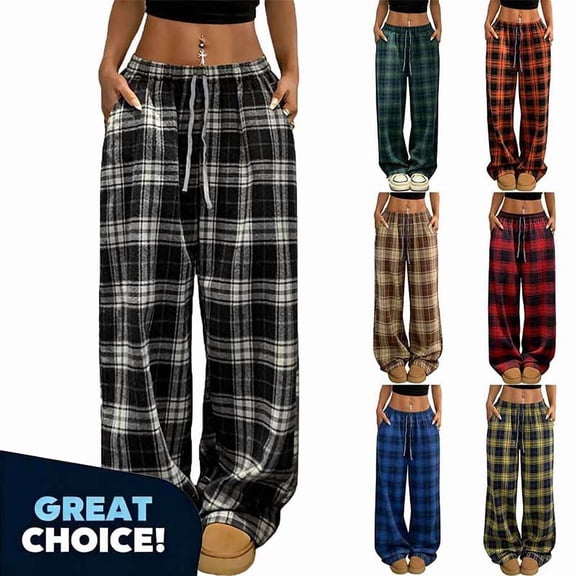 YODETEY Women's Drawstring Plaid Fleece Wide Leg Pants, Womens Loose Causal Pants with Pockets ,Women's Plus Orange,Size XL