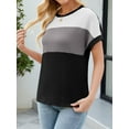 thumbnail image 2 of Womens Color Block T Shirts Tops Fashion Short Sleeve Crewneck Knitted Spring Summer Casual Loose Fit, 2 of 5