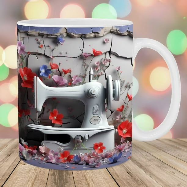 Taza de Coser Floral, Divertida Taza de Café, Regalo para Amantes de La Costura, Taza Decorativa para El Hogar, La Oficina, La Cocina, Apta para Microondas y Lavavajillas, Cerámica de 350 Ml, Perfect