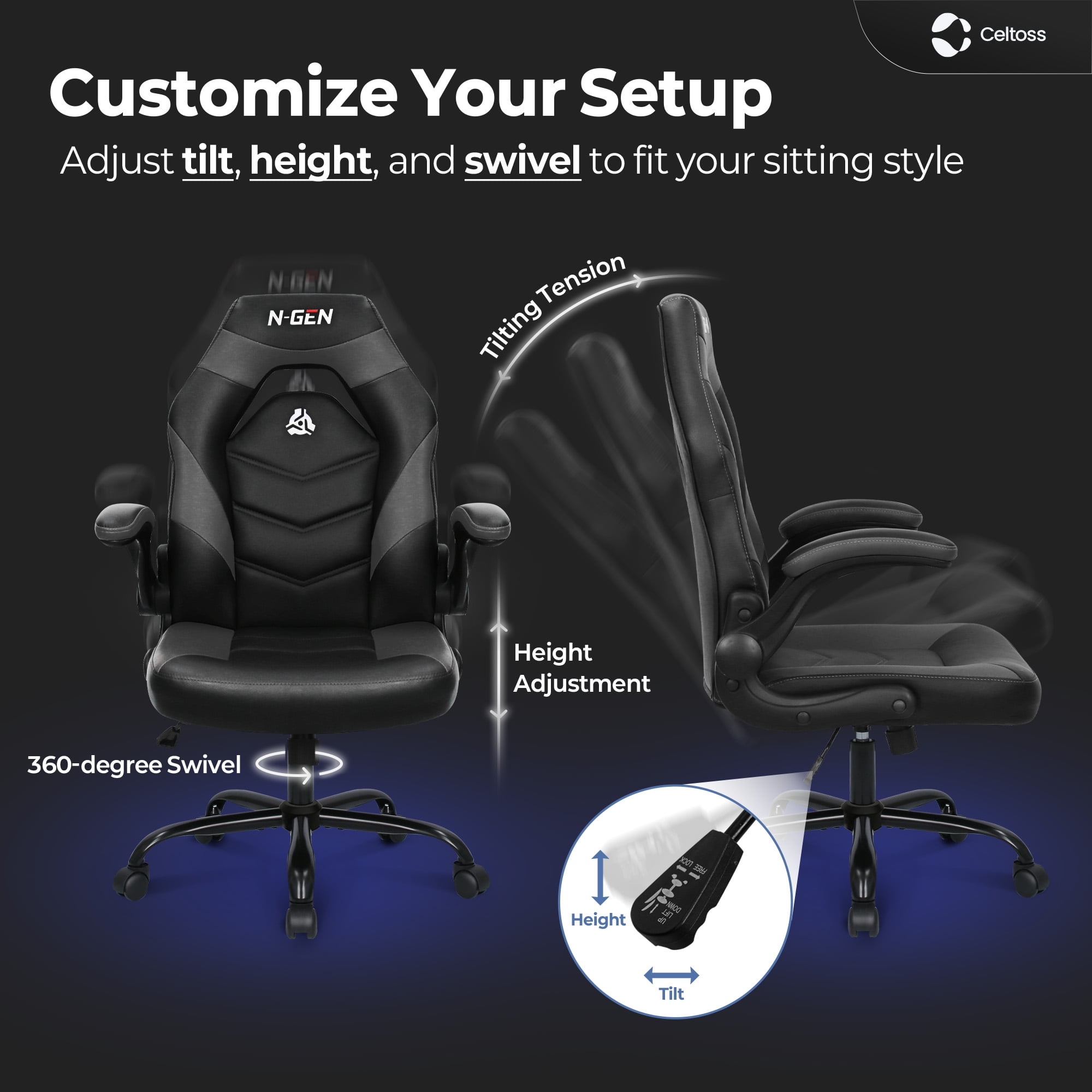 CELTOSS Gray Gaming Chair, Flip-up Armrest Computer Chair Ergonomic Office Chair PU Leather Desk Chair Executive Adjustable Swivel Task Chair