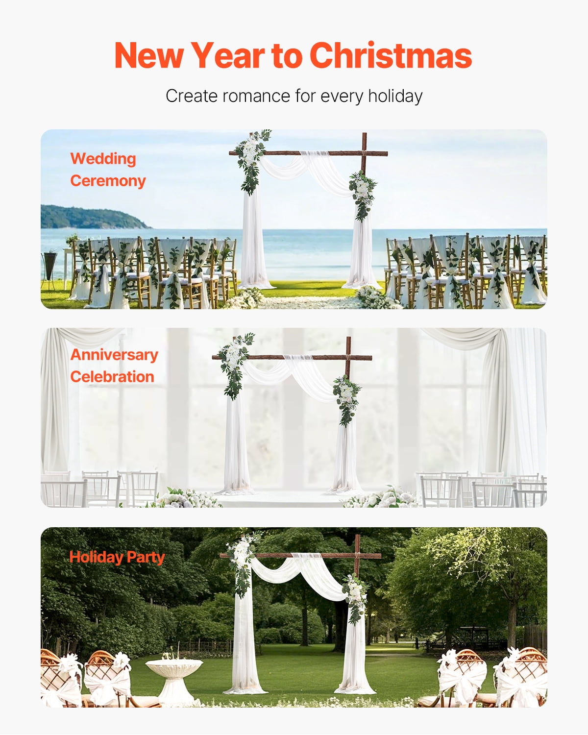 VEVOR Artificial Wedding Arch Flowers Kit, White Wedding Arch Flowers with Drapes Kit (Pack of 3) - 2 Pcs Floral Arrangement, 1 Pcs Sheer Drapes, for Ceremony Bouquets Reception Backdrop Decoration