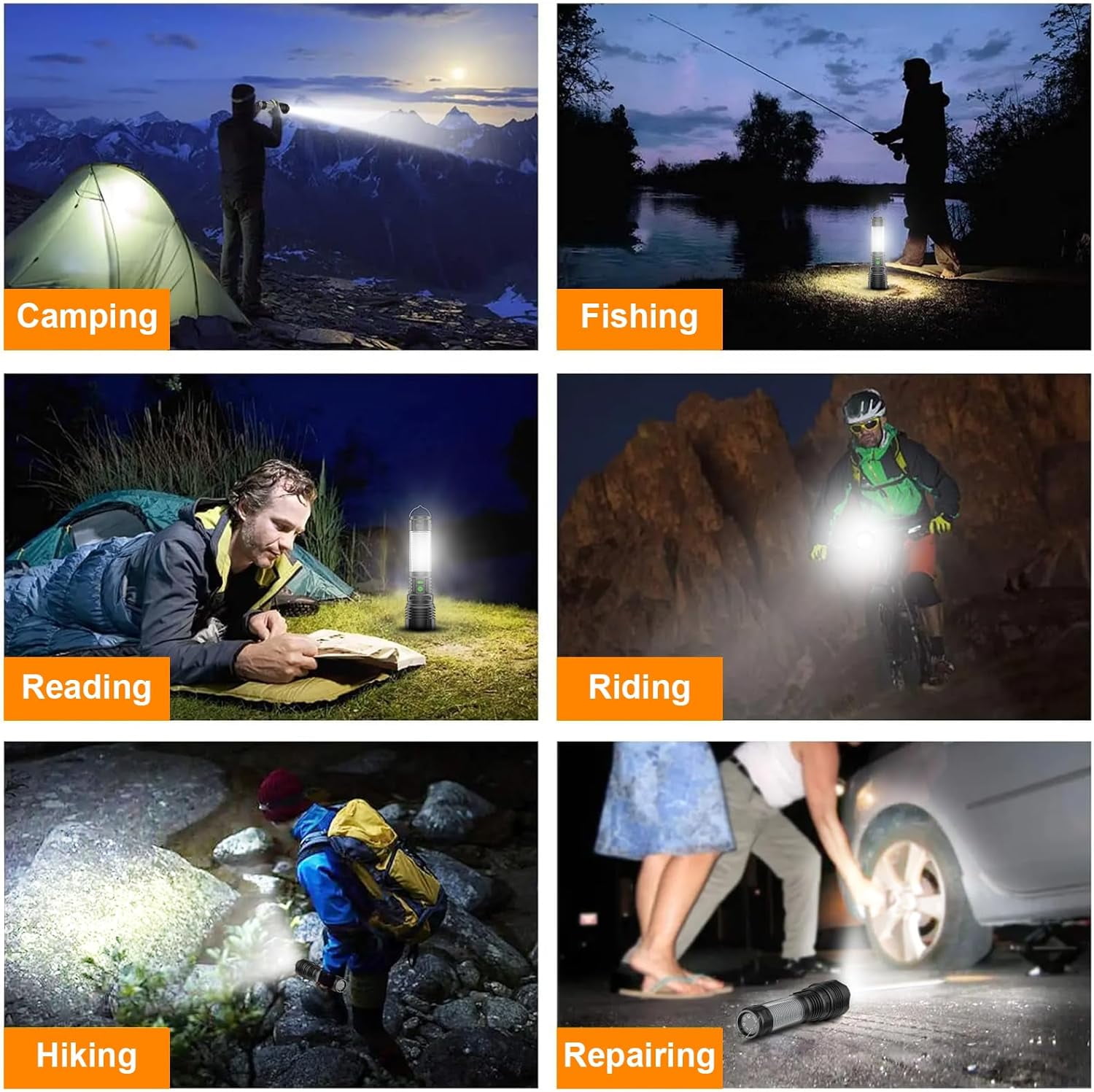 2-Pack Rechargeable LED Camping Lantern Flashlights - 2000LM Super Bright, 2000m Long Beam, 5 Modes, Waterproof, Zoomable for Camping, Hiking & Emergencies