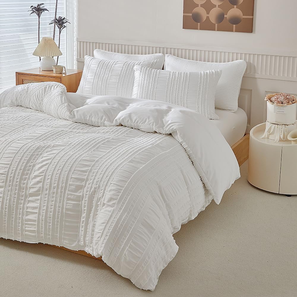 JOLUSERE White Duvet Cover King Sets, 3 Pieces Soft Breathable Striped Textured Comforter Cover Set