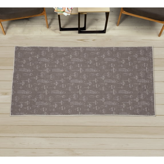 Mushroom Decorative Rug, Pattern with Different Mushrooms Doodle Monochrome Display Organic Garden, Quality Carpet for Bedroom Dorm and Living Room, 6 Sizes, Warm Taupe, by Ambesonne