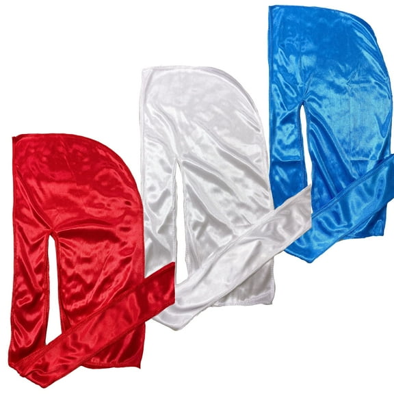 Silky Durag Waves 360 - [ MultipleColors ] 360 waver Du Rag with long tails and quadruple stitching - (3 PCs PACK Red Blue White)