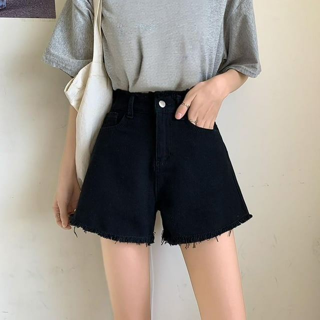 LOVZFMLL Short en Denim Taille Haute Uni pour Femme avec Design à Franges Noir G