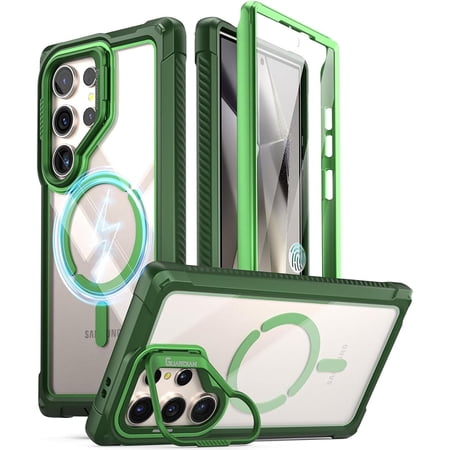 Poetic Guardian Case for Samsung Galaxy S24 Ultra 6.8", [Built-in Camera Stand] [Screen Protector Work with Fingerprint ID] Full Body Shockproof Protective Rugged Clear Cover, Green/Clear