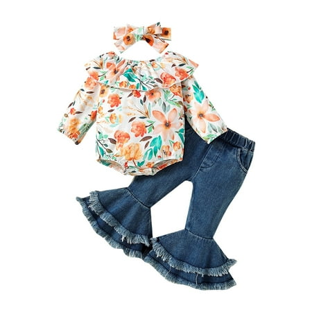 

Binhe Toddler Girls Suit Pants Suit Denim Flare Pants Suit Girls Printed One Line Shoulder Clothes Two P-iece Set Blended Fabric Easy to Wear and Built to Last