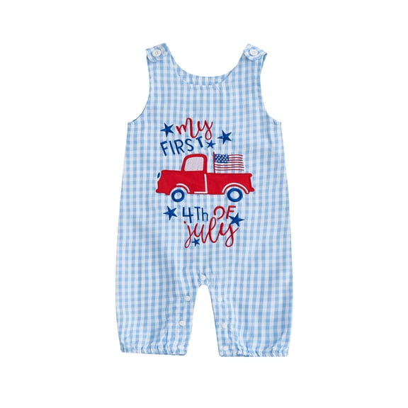 BemeyourBBs Newborn Baby Boy Girl My First 4th of July Outfit Patriot Independent Day Clothes Summer Romper Overall Sleeveless Plaid Letters USA Flag in Truck Printed Jumpsuit Overalls Shorts