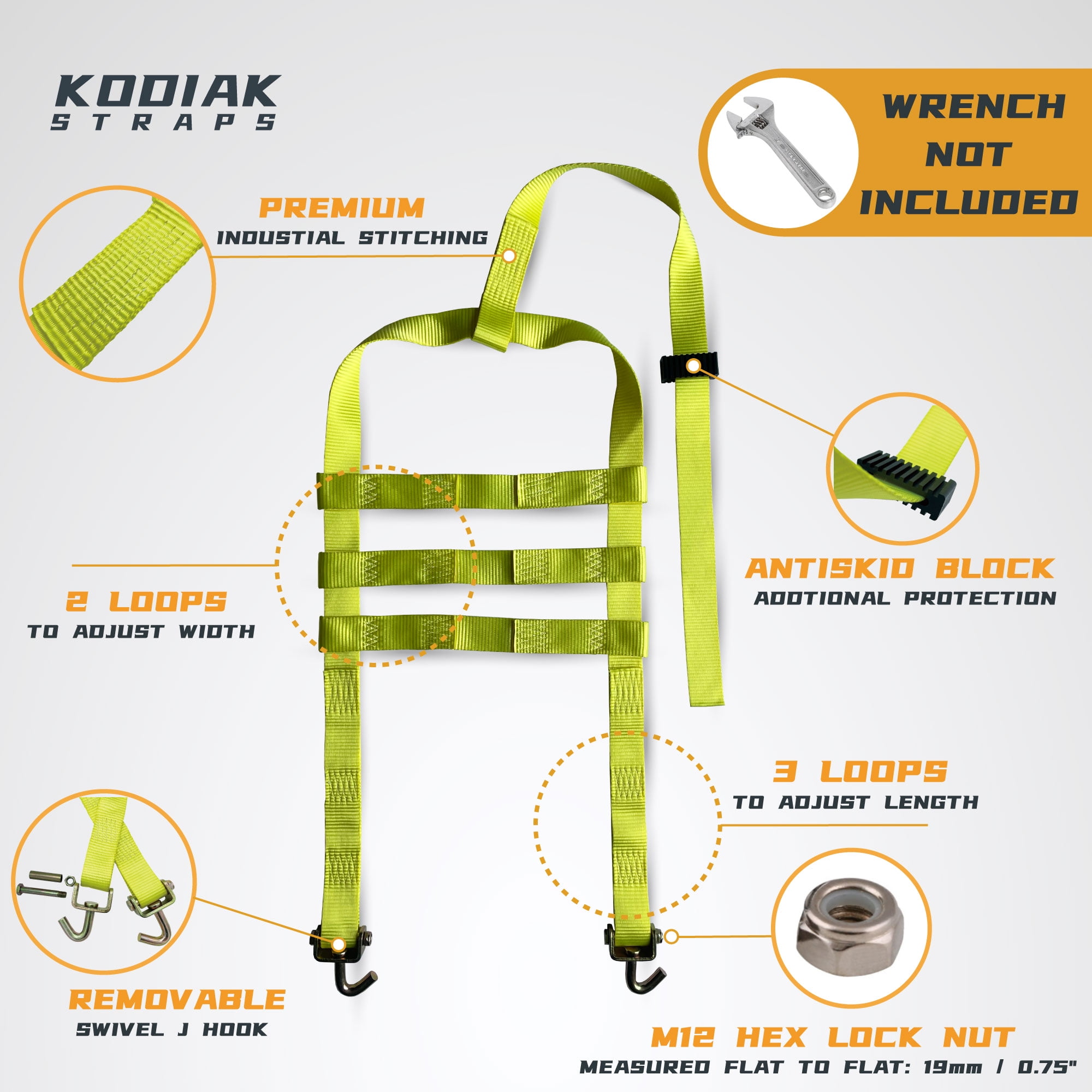 KODIAK STRAPS Adjustable Wheel Net Tow Dolly Basket Straps with Swivel J Hooks (2 Pack) Tow Dolly Straps Universal for 14"-22" Tires - strap for dolly with Ratchet or Winches, 10,000lbs Break Strengt