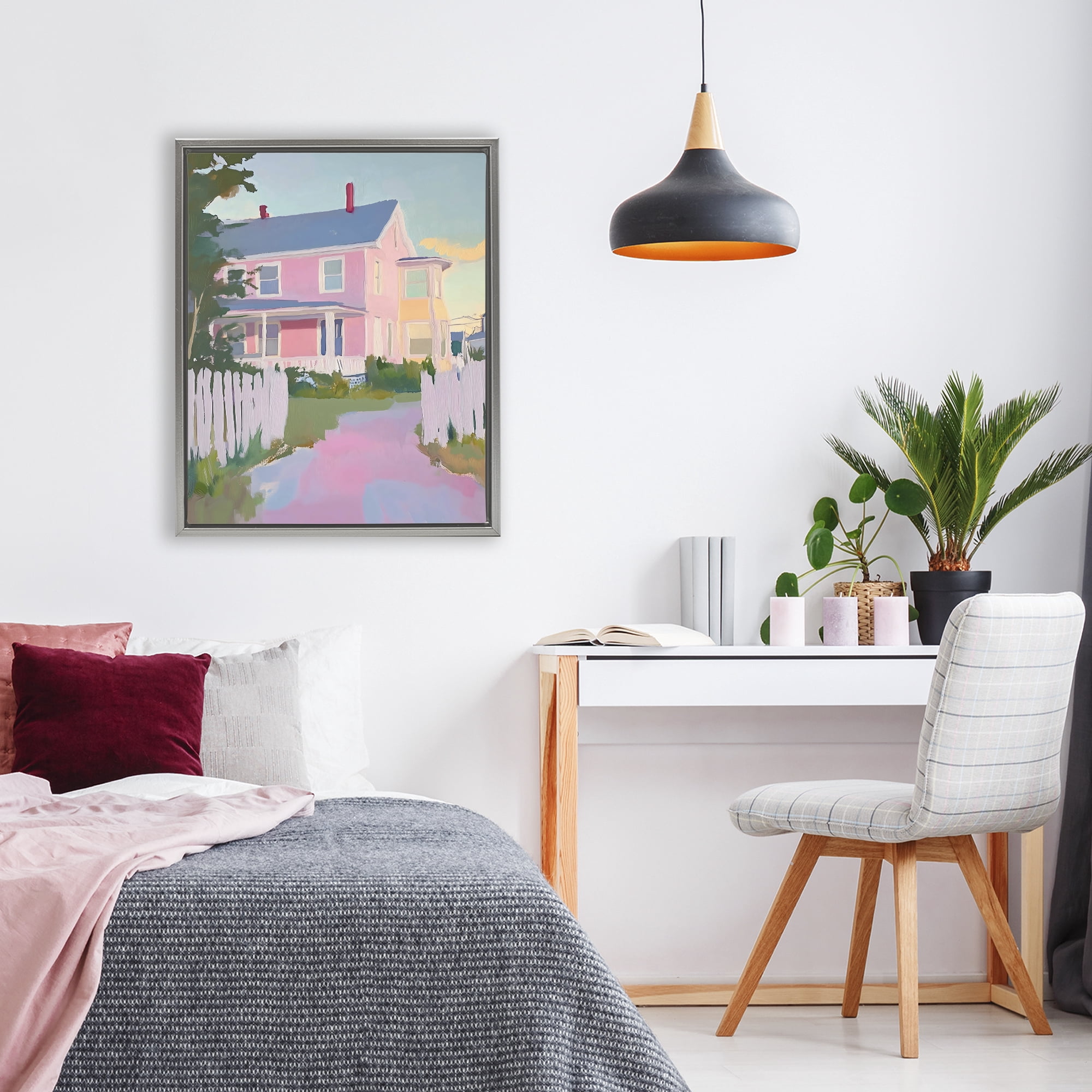 Stupell Industries Pastel Pink House with Fence Gray Framed Floater Canvas Wall Art, design by The Prints Vibe