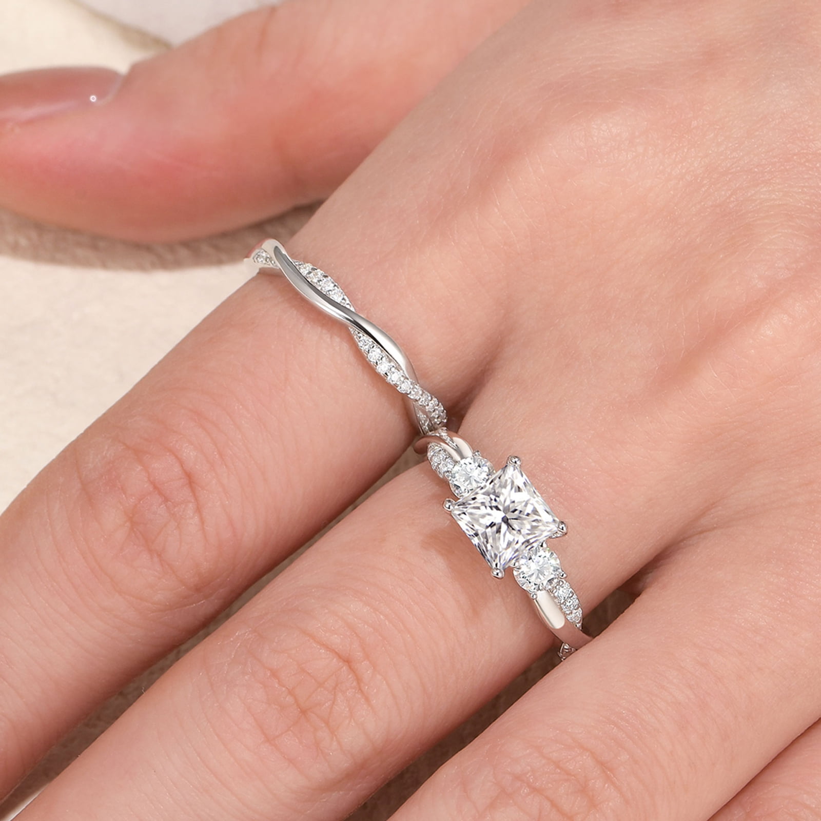 Wuziwen 1.4 Ct Princess Moissanite Wedding Ring Sets Twisted Band 925 Sterling Silver Rings for Women Size 7