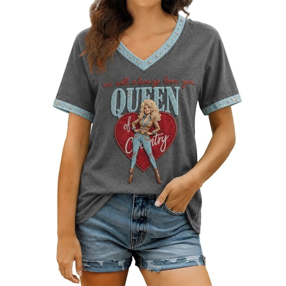 Dolly Music Parton Memorial T-Shirt for Women, Retro Country Music Stylish Printed Tops V-Neck Lightweight Everyday Tee Unique Soft Breathable