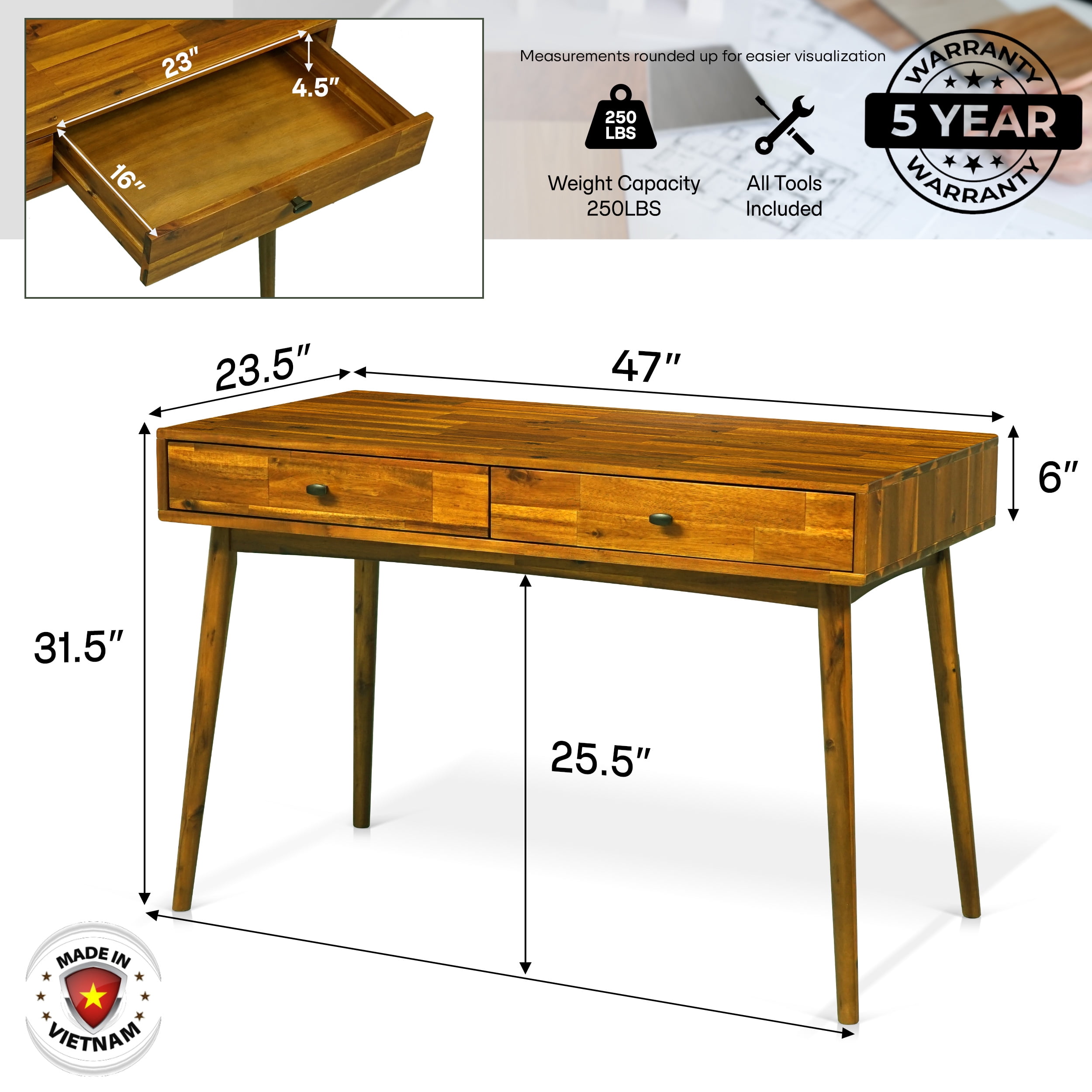 Acacia Lagom 48" Solid Wood Work Desk with Drawers Office Desk for Home Office, Caramel