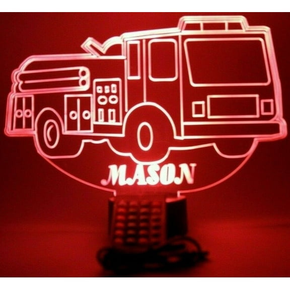 Fire Engine Truck Shape Design Engraved Handmade Personalized Firefighter Night Light Up Lamp LED, Table Desk Lamp Home Room Decor With Remote, 16 Bright Colors, Our Newest Feature - It's WOW