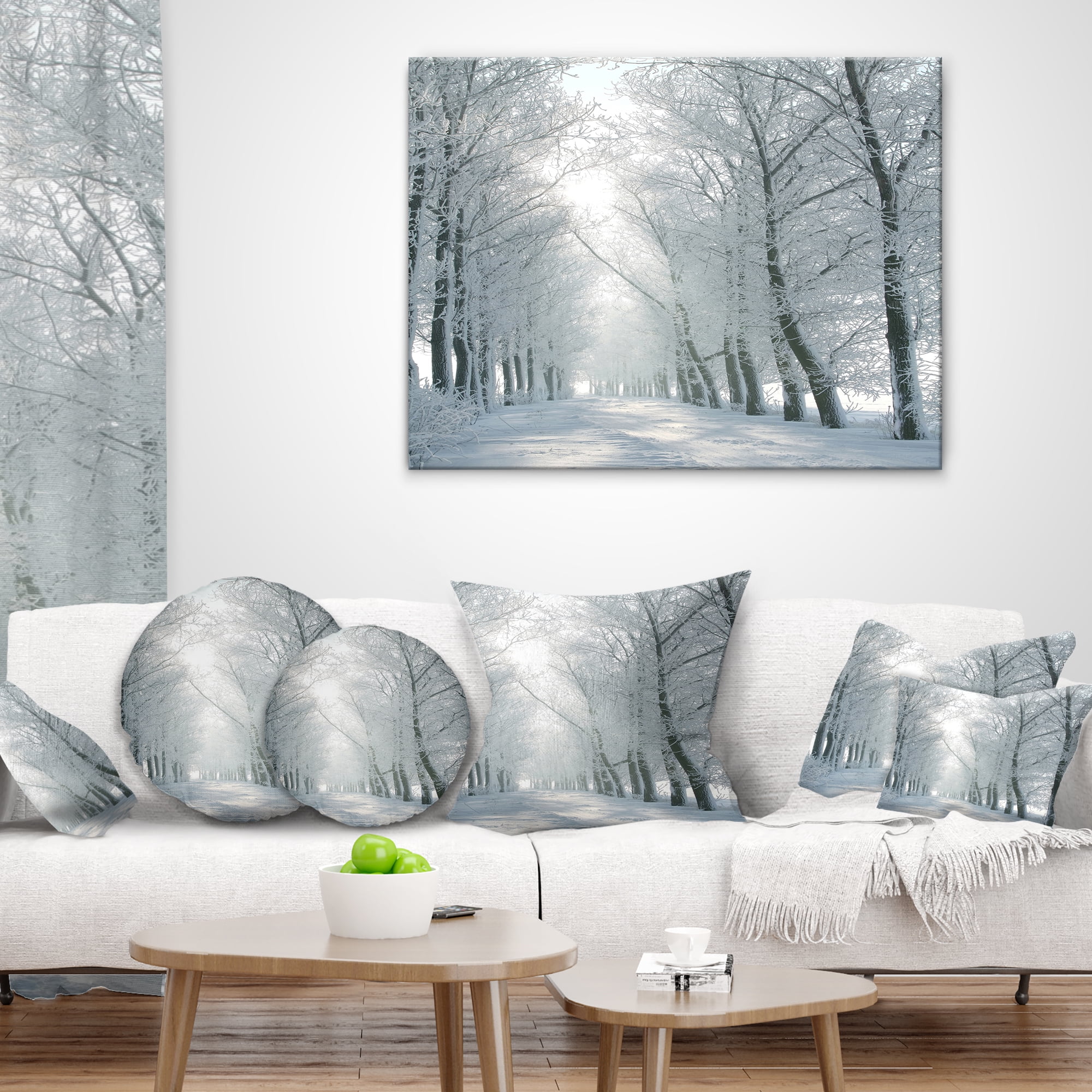 Designart Winter Road Backlit my Morning Sun - Forest Throw Pillow - 12x20