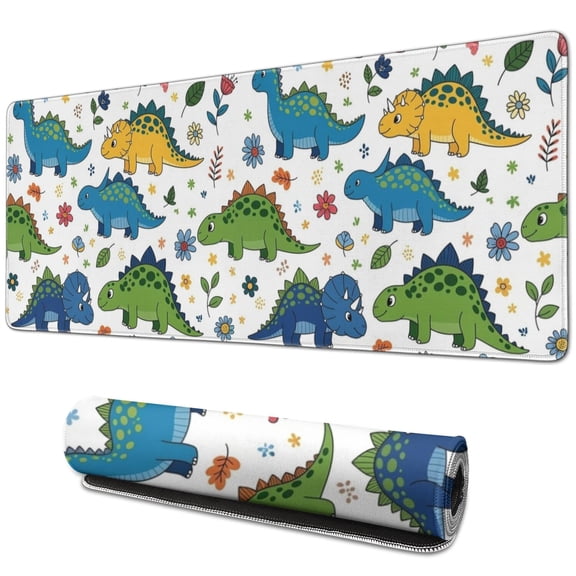 Long Mouse Pads for Desk,White Cartoon Dinosaurs Flowers Pattern Desk Mats on Top Of Desks, Desk Mouse Pad Extra Large with 3mm Non-Slip Base and Stitched Edge for Gaming,Office,Work,Home 31.5"x11.8"