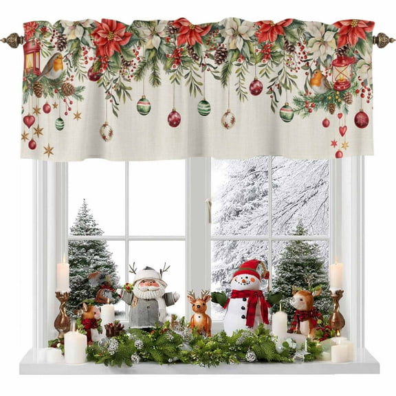 Valance for Windows Kitchen Curtains 60"W x 14"L Christmas Poinsettia Berry Leaves Linen Texture Light Filtering Curtain Valances Rod Pocket Curtains for Bedroom Farmhouse Living Room