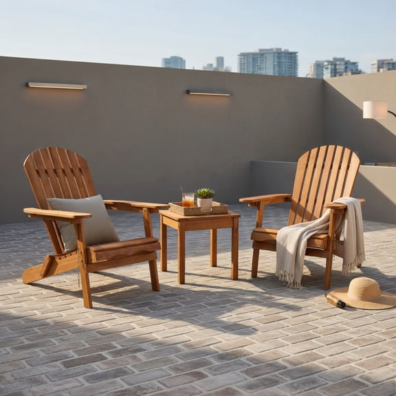 Hommoo 3-Piece Eucalyptus Adirondack Chair Set with Wide Armrests, Foldable Outdoor Patio Chairs & Side Table, Natural