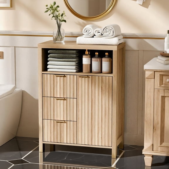 Ktaxon Fluted MDF Bathroom Floor Cabinet with Grille Single Door and Three Drawers, Oak