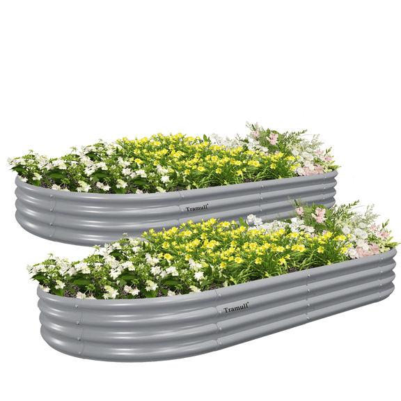 Tramull 2 Pack 8x4x1FT Galvanized Raised Garden Bed Kit Oval Metal Ground Planter Box Outdoor Bottomless Planter Raised Beds for Vegetables Flowers Herbs Fruits, Gray