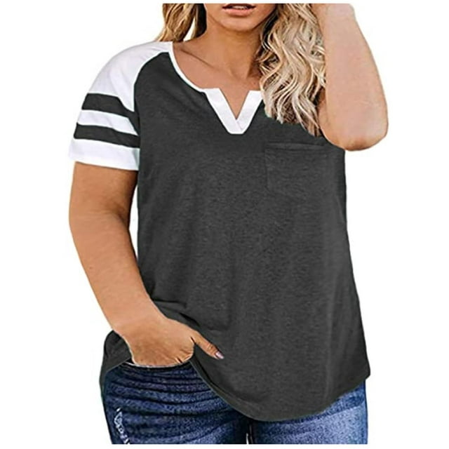 Birdeem Womens Plus-Size Tops for Women Summer V Neck T Shirts Color Block Raglan Tees