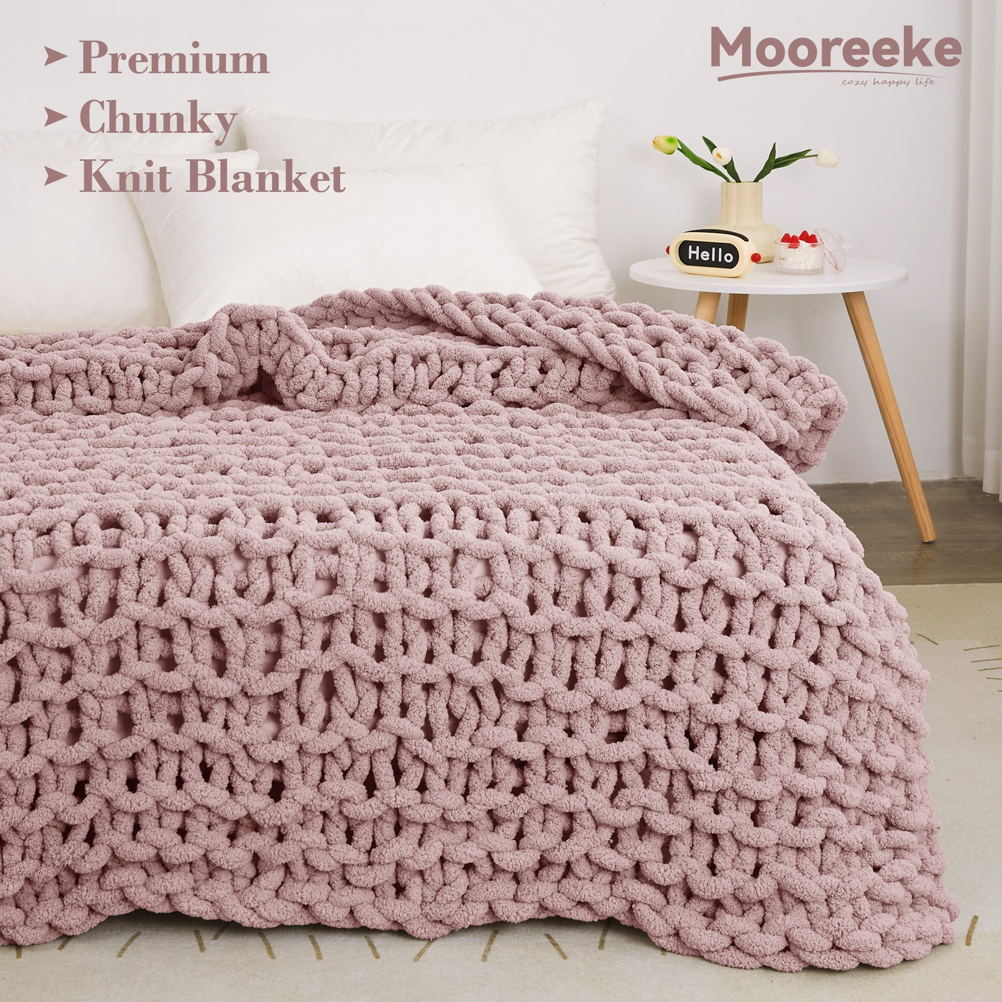 Mooreeke Chunky Knit Blanket 40"x50" Pink Soft Washable Chenille Throw Blanket Cozy 100% Handmade Crochet Blankets with Jumbo Chenille Yarn for Couch Bed Sofa Room Decor