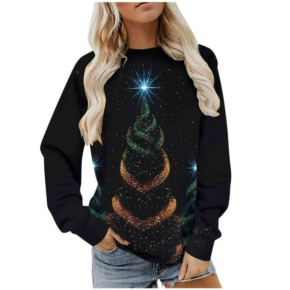 Vintage Christmas Sweatshirts for Women Fleece Round Neck Shirts Fashion Christmas Funny Printed Blouses Long Sleeve Sweaters Casual Xmas Holiday Pullover Tops