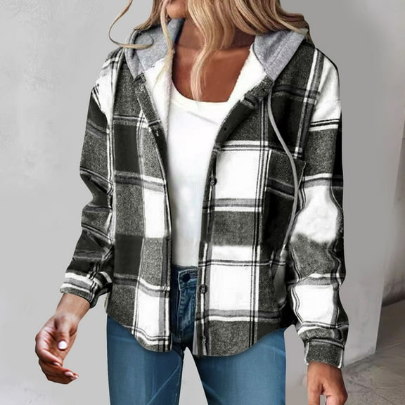 FDGIU Women's 2025 Plaid Shacket - Fleece Hooded Jacket, Warm Button Front Fall Winter Coat,Casual Plaid Fleece Hoodie Jacket