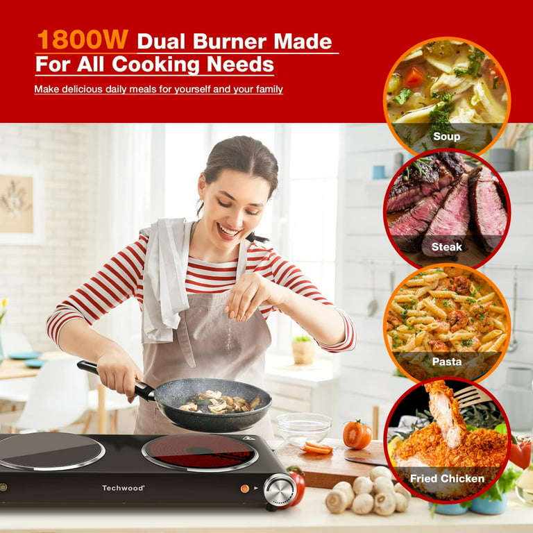 Hot Plate, Techwood Electric Stove Countertop Double Burners for Cooking  Infrared Ceramic 1800W Dual Cooktops With Adjustable Temperature Control