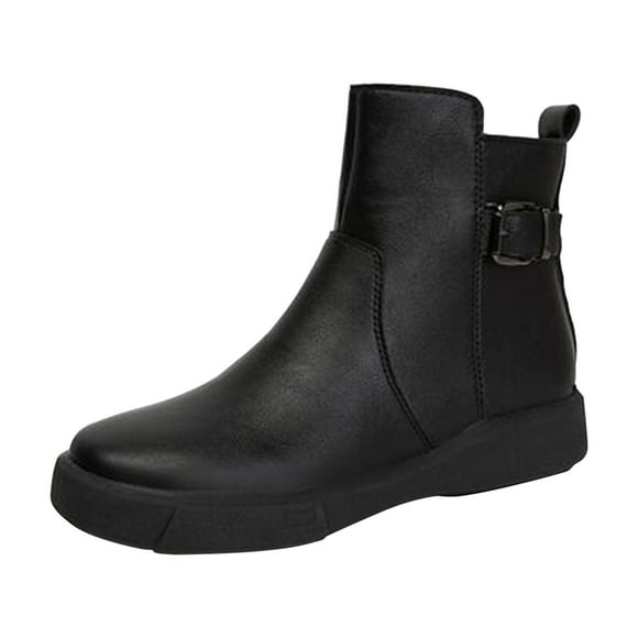 jovati Womens Shoes Pointed Toe Solid Color Warm Zip Casual Retro Low Heel Stitching Fashion Belt Buckle Ankle Boots
