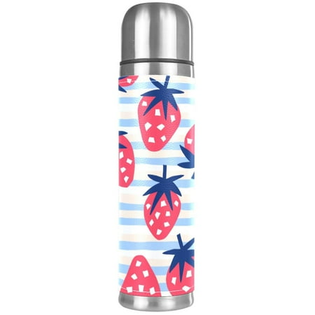 

Pink Strawberry Blue White Striped Pattern Premium Insulated Water Bottle - Water Mug with Food-Grade PP Vacuum Insulated Leak-proof BPA-Free