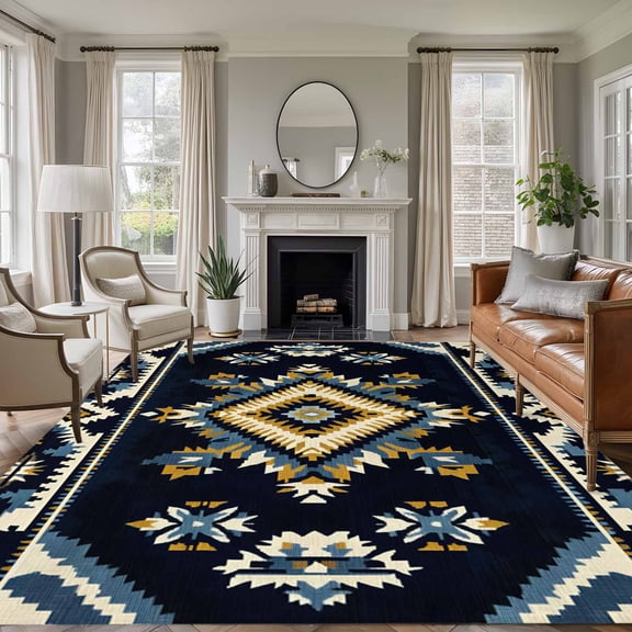 5'x7' Area Rugs, Boho Navy Blue Indoor Outdoor Area Rug for Living Room Bedroom, Ethnic Art Geometric Southwestern Washable Bathroom Rugs Kitchen Floor Carpet Mats Home Decor Aesthetic