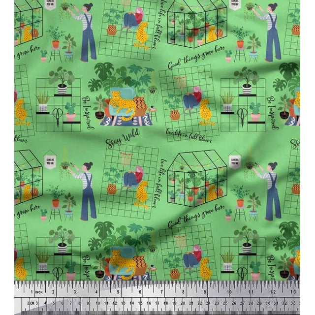 Soimoi Poly Georgette Fabric Tropical Leaves,Leopard & Girl Scene Printed Fabric 1 Yard 42 Inch Wide