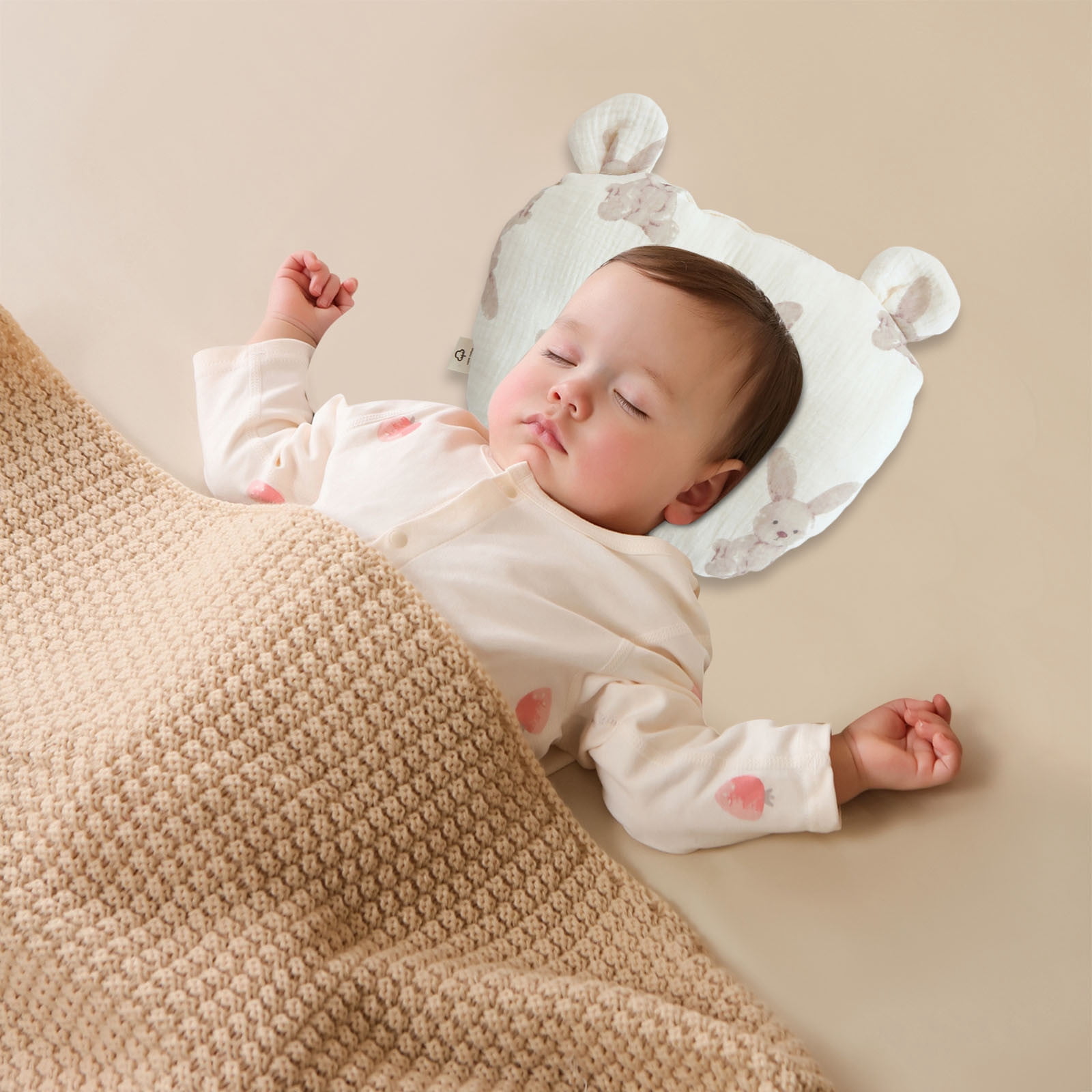 Toddler Pillow Ergonomic Design for Protecting Baby Spine Curve Pure Cotton Flat Pillow Designd Specially for Children-Beige Rabbit